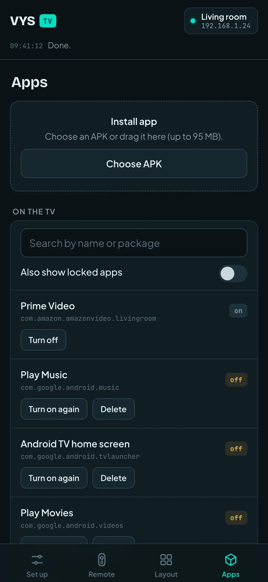 Apps: Turn apps off and on, or install an app yourself.