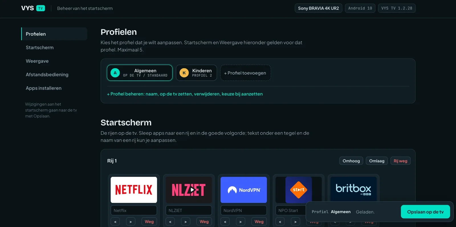De indelingspagina van VYS TV in een browser: profielen en het startscherm met rijen