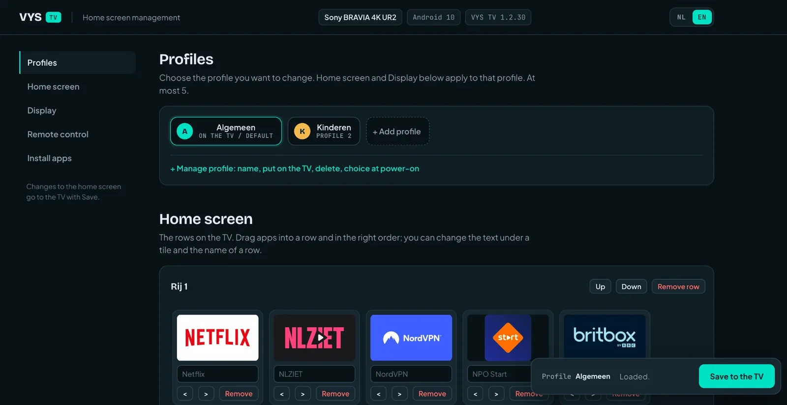 The VYS TV layout page in a browser: profiles and the home screen with rows