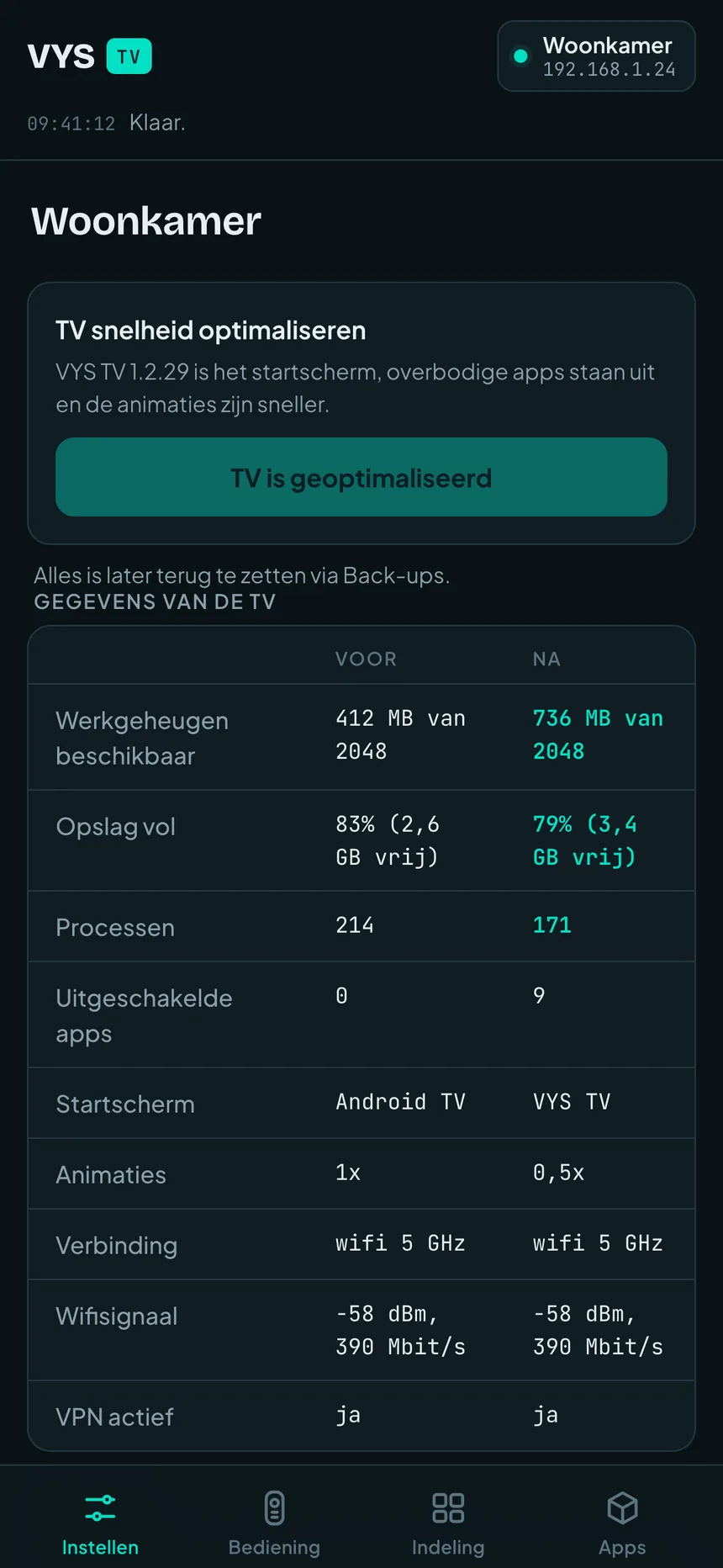 Optimaliseren: Een knop voor het hele pakket, met de meting voor en na.