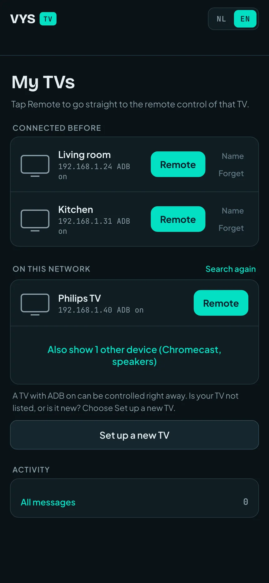 The VYS TV app: My TVs, with the TVs on the home network