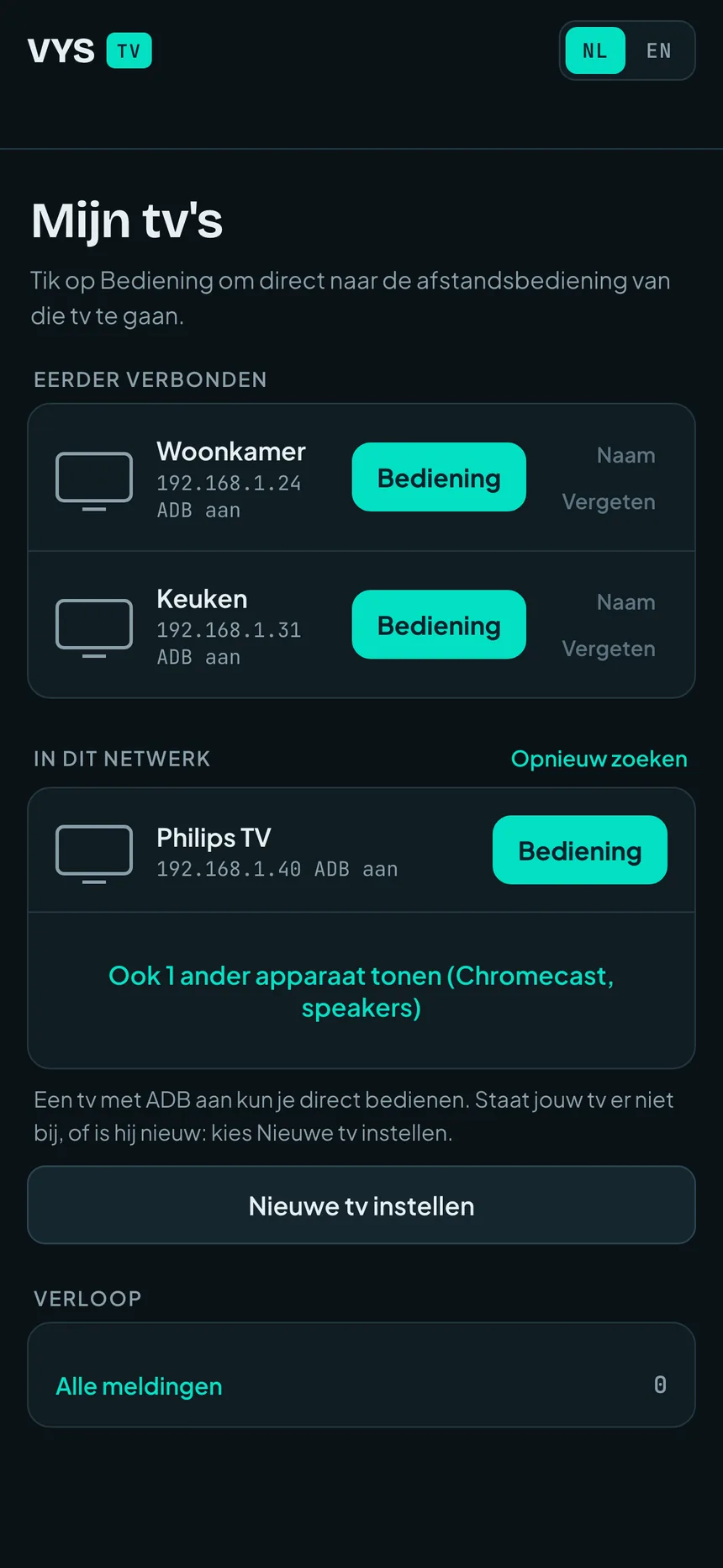 De app VYS TV: Mijn tv's, met de tv's in het thuisnetwerk