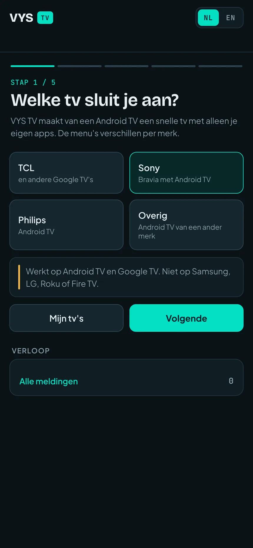 Nieuwe tv instellen: Kies het merk; de stappen volgen de menu's van jouw tv.